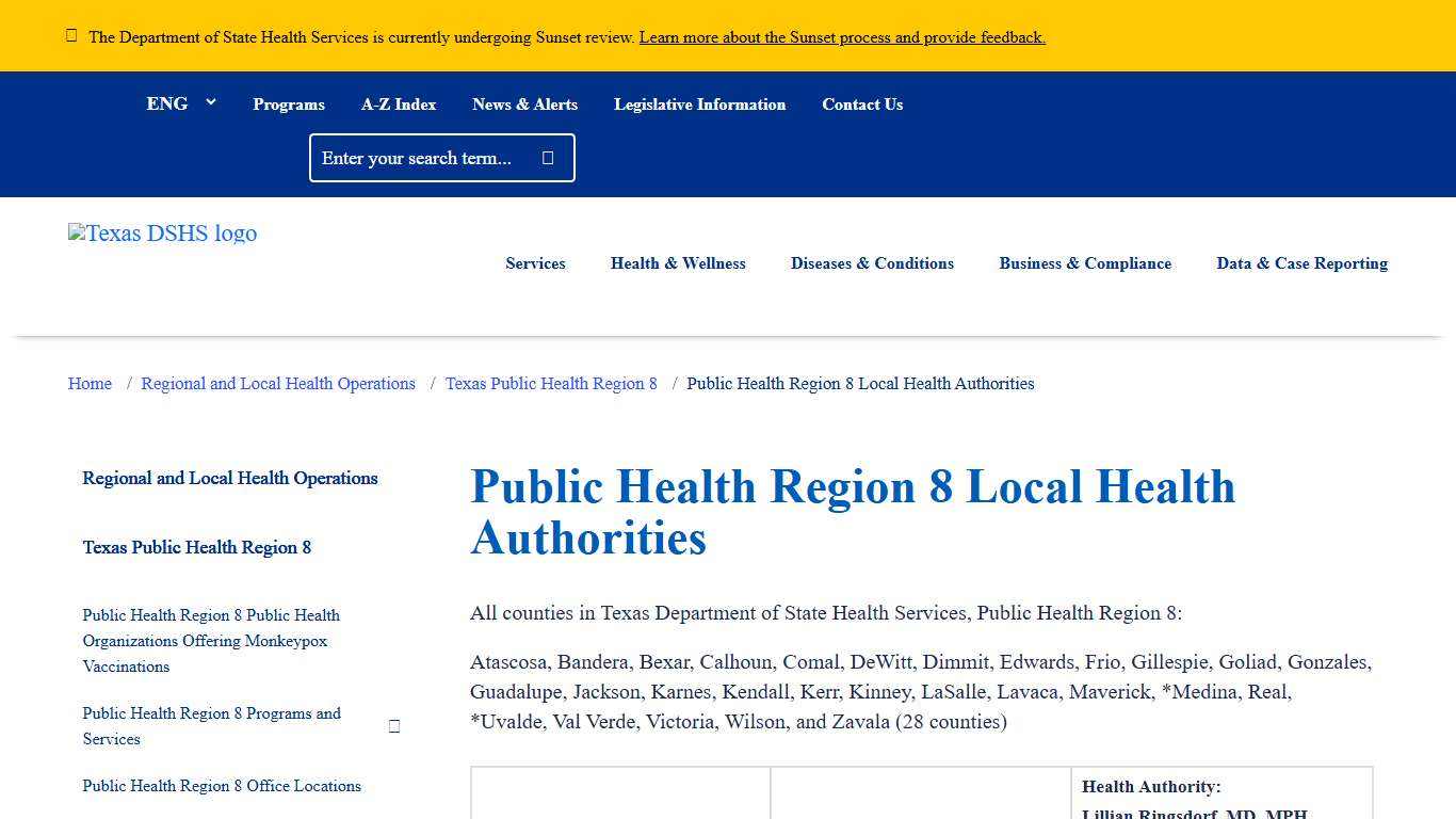 Public Health Region 8 Local Health Authorities Texas DSHS